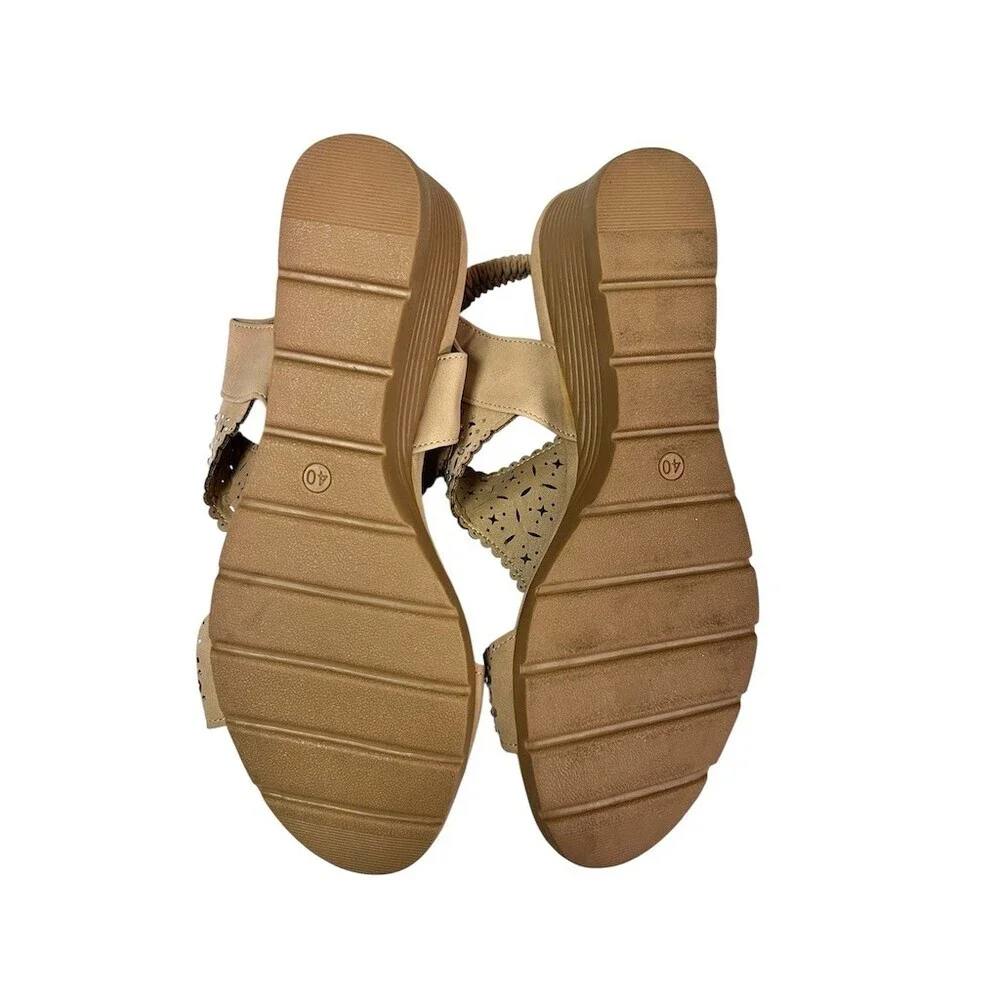 Shibever Wedge Sandals Womens Size 9 Beige Slingback Rhinestone Open Toe